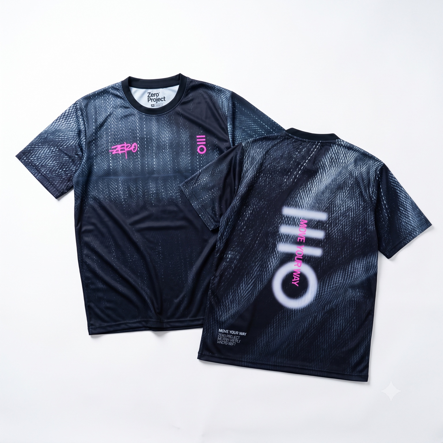 ZERO Motion Black shirt, front and back — AI visual preview